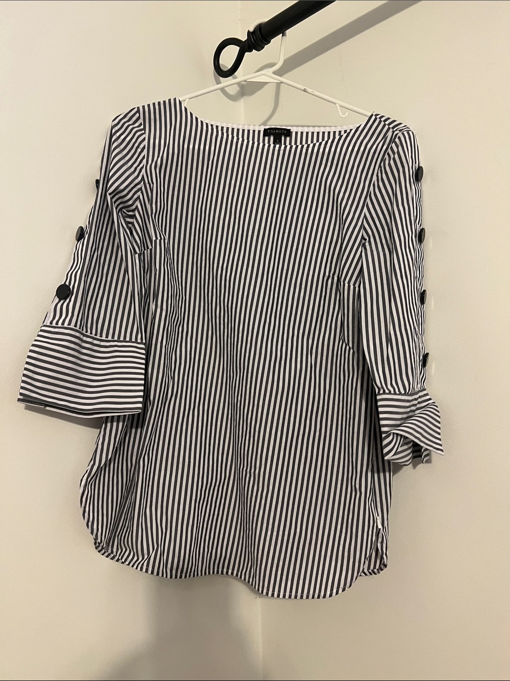Striped Black & White Button-Sleeve Women's Top Sz S 100% cotton